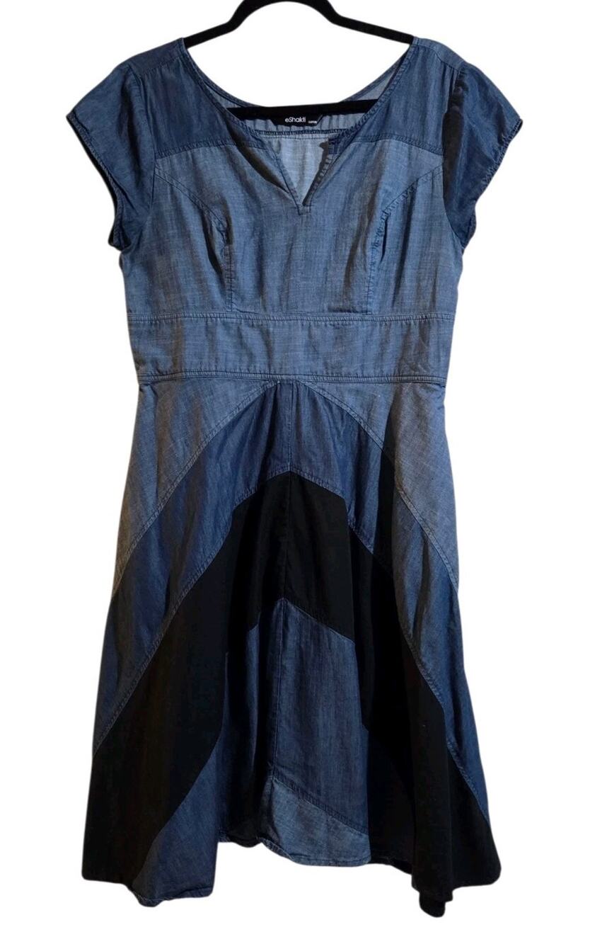 eShakti 100% Cotton Midi Dress Color Block Size Large 14 Blue Chambray Side Zip